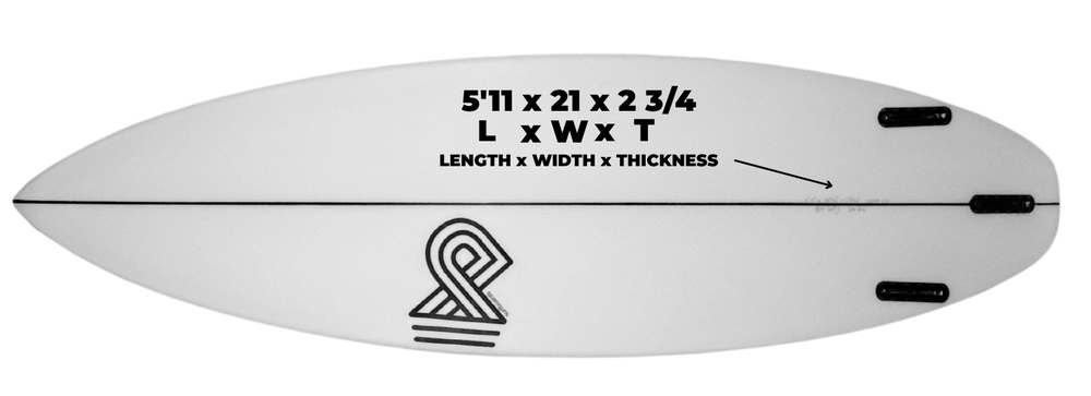 Printed dimensions on the underside of a surfboard